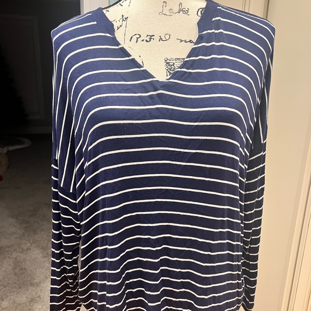 Cabi navy blue and white stripped long sleeve shirt